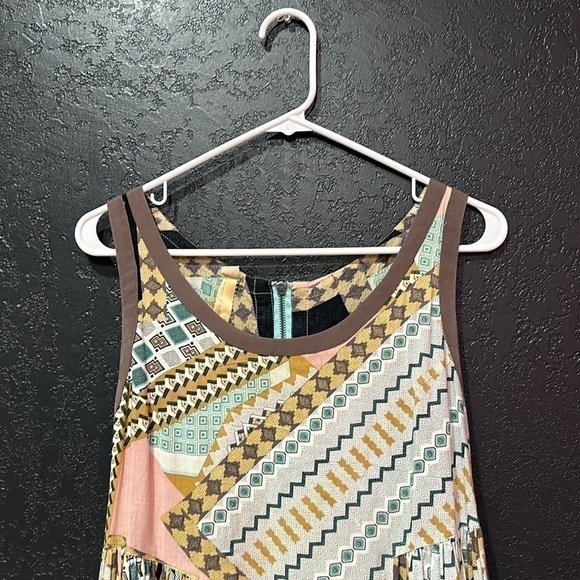 Uncle Frank Brown Yellow Teal Pattern Rayon Sleeveless Shift Dress, Mini, Small - Picture 4 of 7